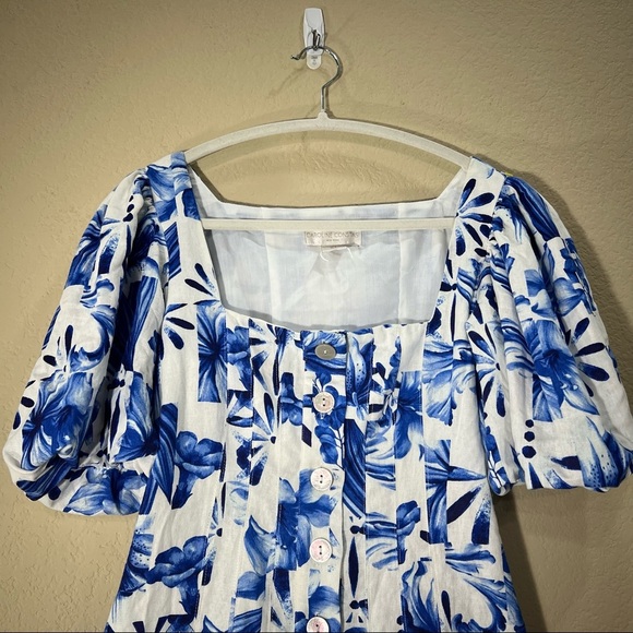 Caroline Constas white blue linen blend Garden tile Farm mini dress Sz 6 Party - Picture 6 of 15
